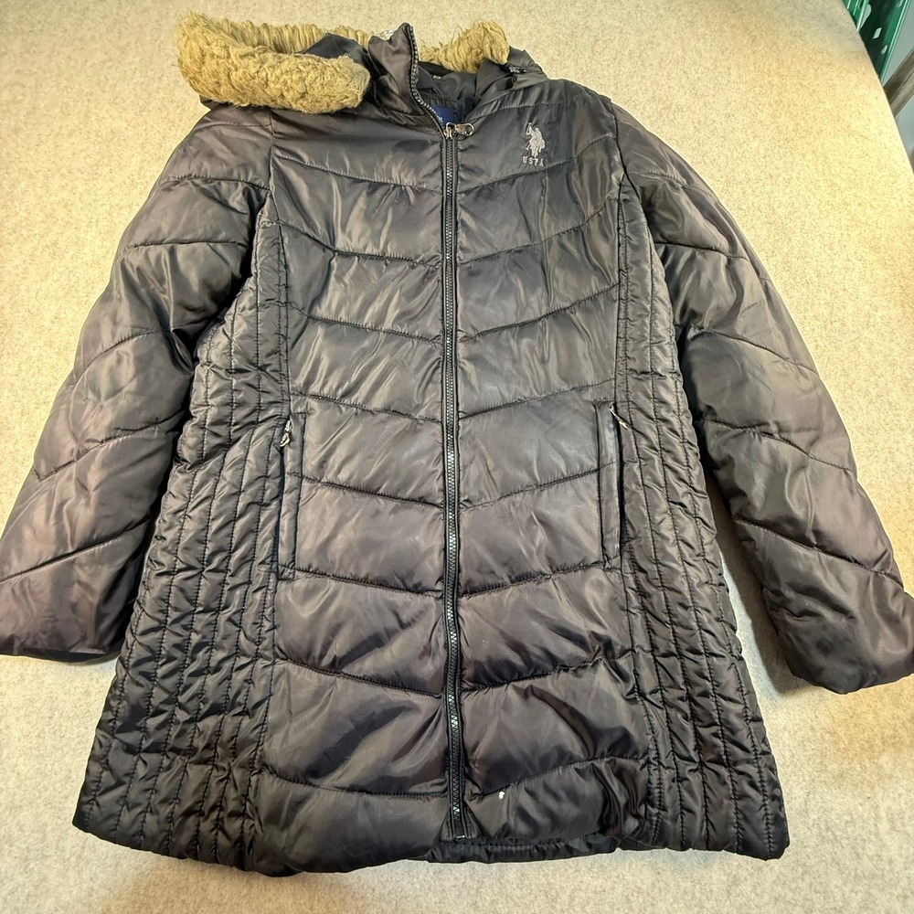 US Polo‎ Assn Womens Puffer Jacket Black Faux Fur Hood Quilted Parka Coat Large
